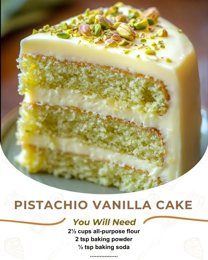 Delicious Pistachio Vanilla Cake adorned with nuts and frosting