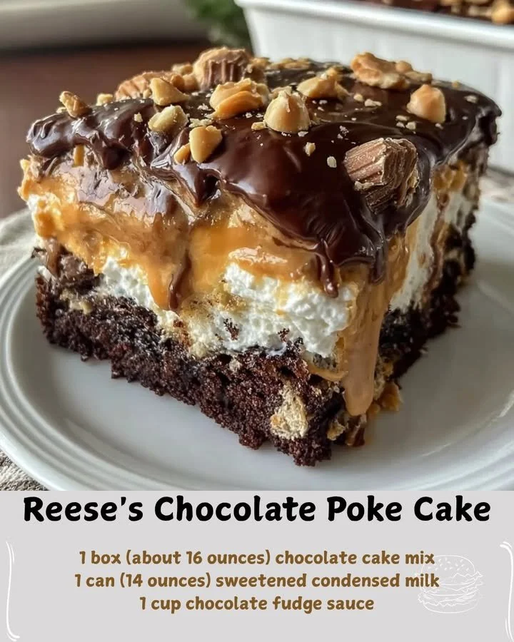 Delicious Reese's Chocolate Poke Cake topped with chocolate and peanut butter