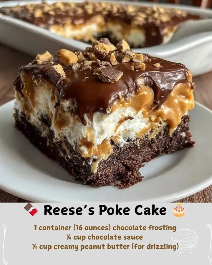 Deliciously moist Reese's Poke Cake topped with chocolate and peanut butter