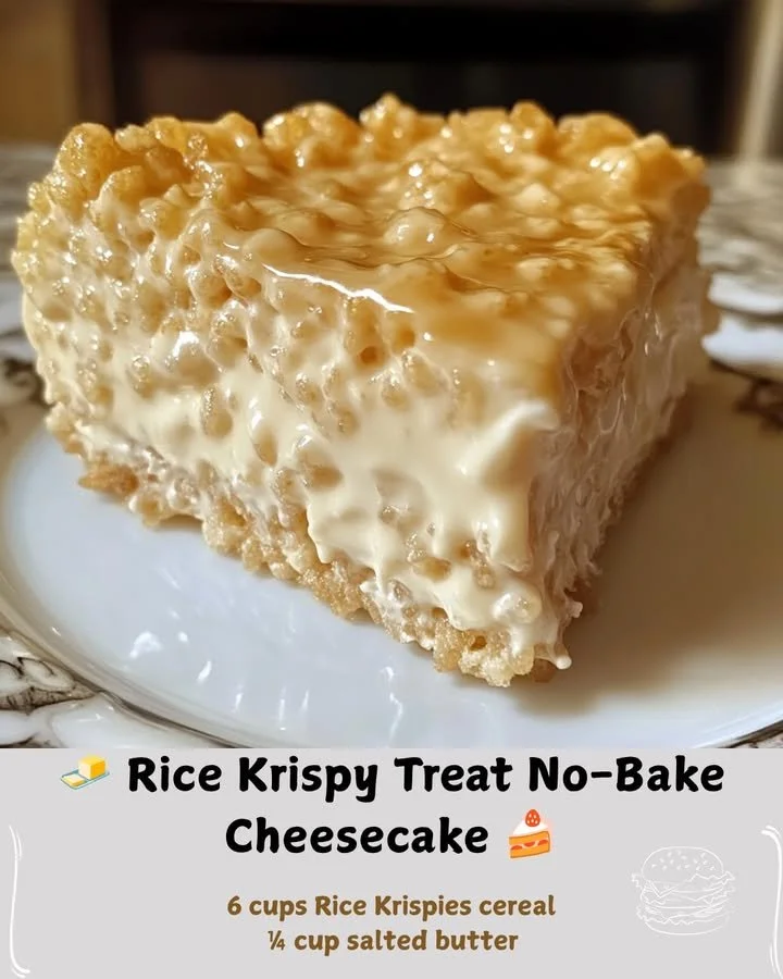 Delicious Rice Krispy Treat No-Bake Cheesecake topped with marshmallow and crispy rice.