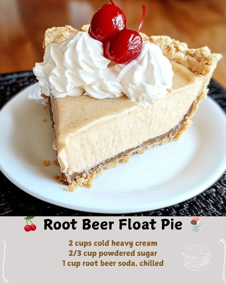 Delicious slice of Root Beer Float Pie topped with whipped cream