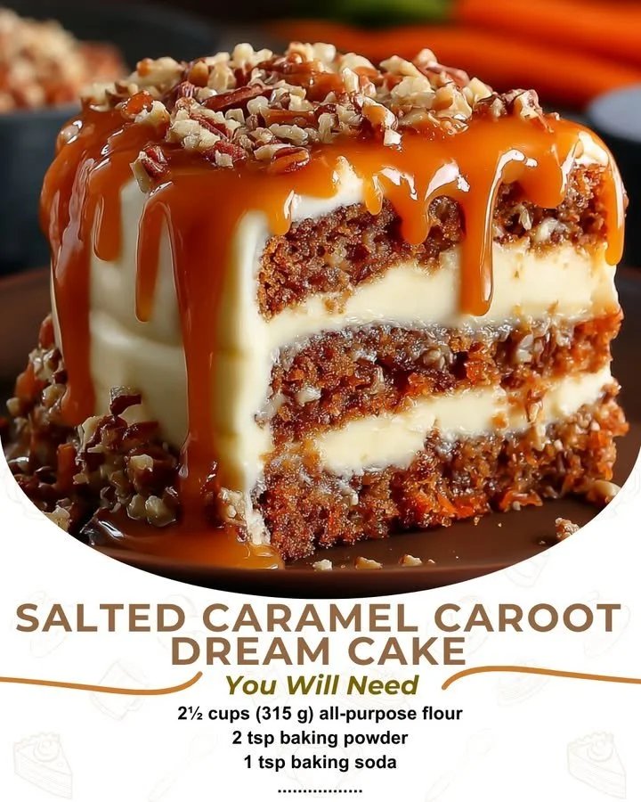 Delicious salted caramel carrot cake topped with creamy frosting and caramel drizzle.