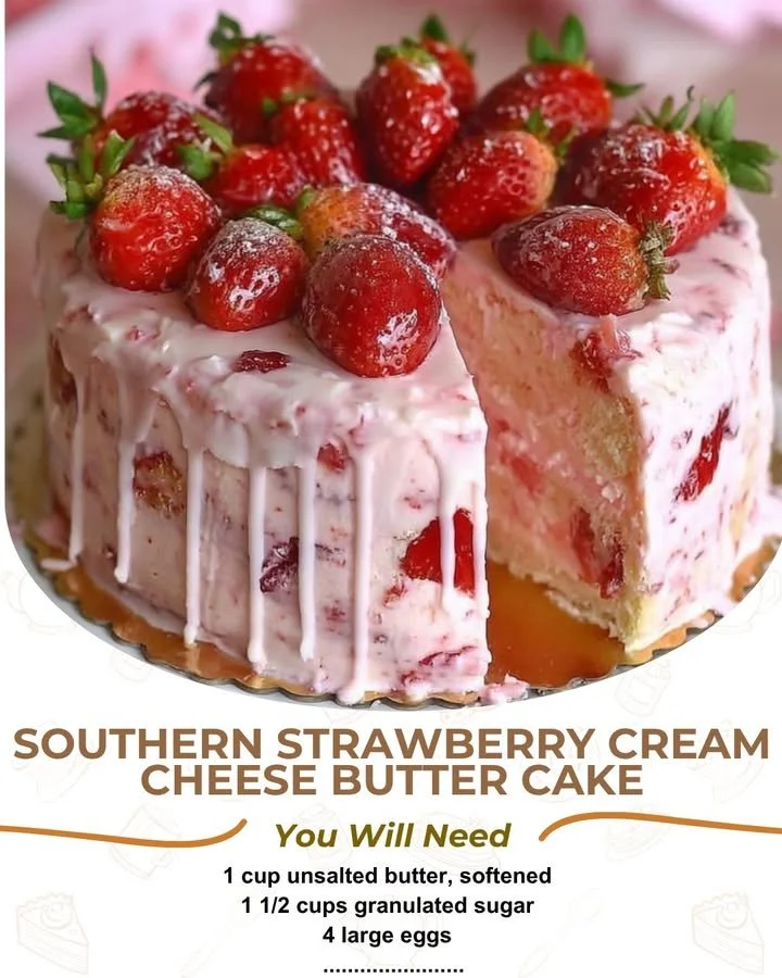 Delicious Southern strawberry cream cheese butter cake served on a plate