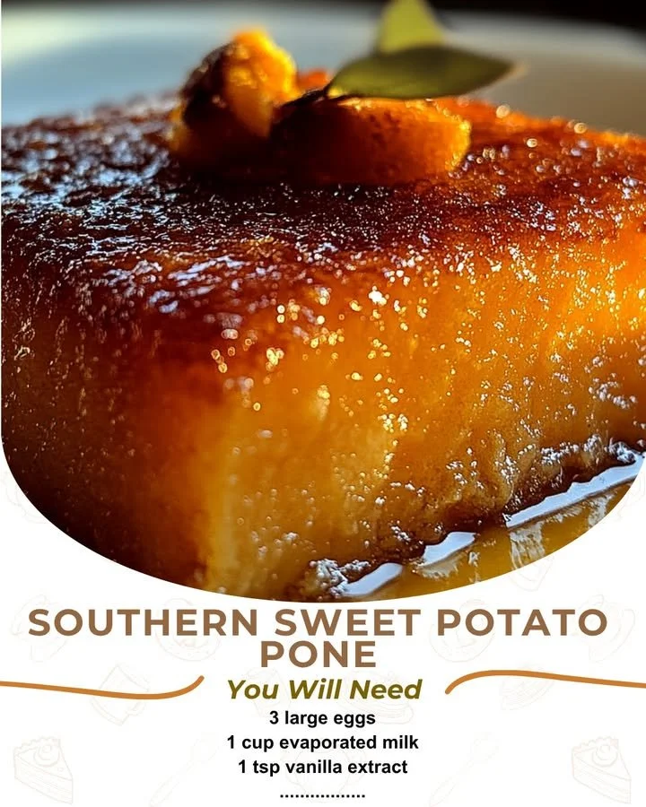 Southern-style sweet potato pone served in a dish with a golden-brown crust