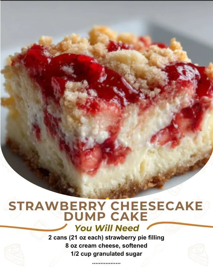 Delicious strawberry cheesecake dump cake topped with fresh strawberries and whipped cream