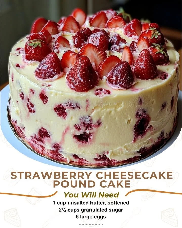 Slice of strawberry cheesecake pound cake topped with fresh strawberries and cream