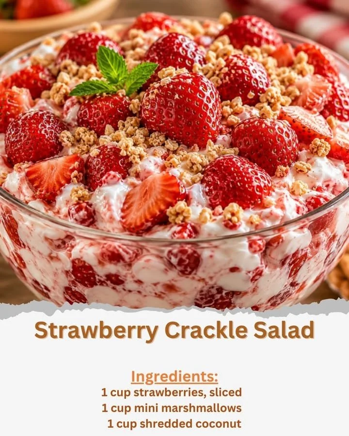 Delicious Strawberry Crackle Salad with fresh strawberries and crunchy toppings.