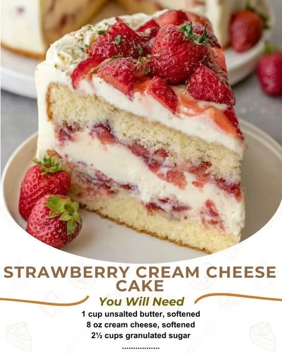 Slice of Strawberry Cream Cheese Cake with fresh strawberries and cream cheese frosting
