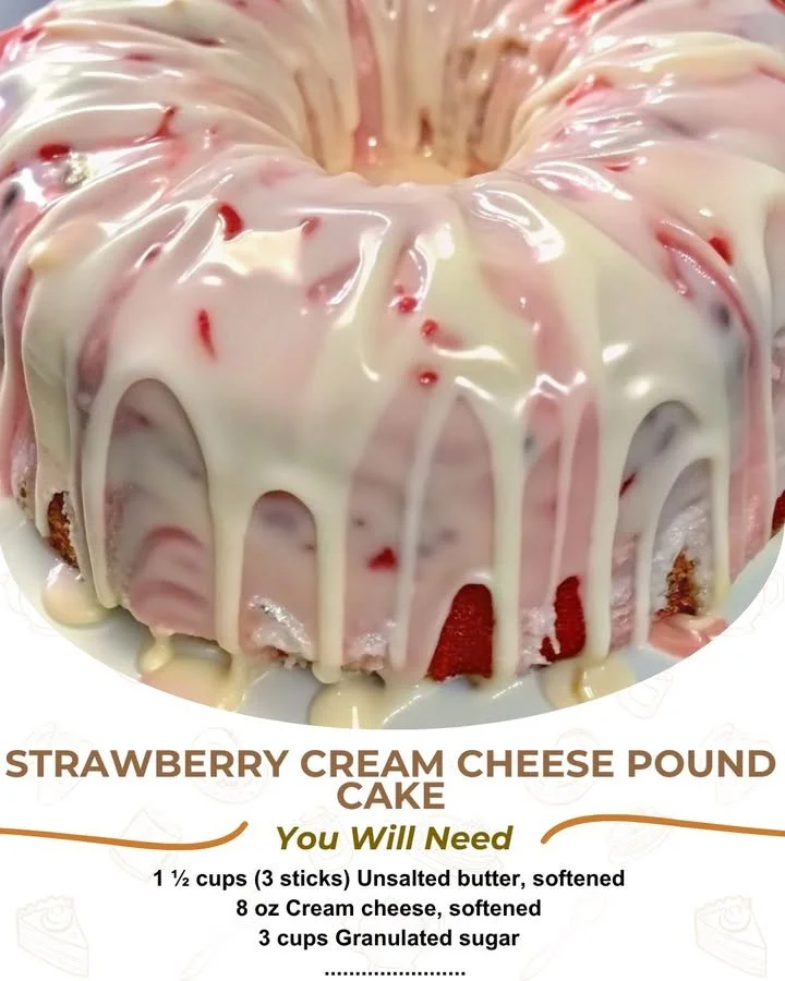 Delicious slice of strawberry cream cheese pound cake topped with fresh strawberries