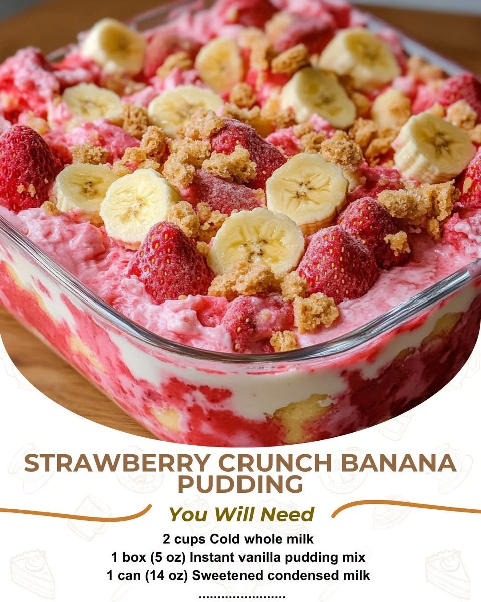 Strawberry Crunch Banana Pudding dessert with layers of creamy pudding and strawberries