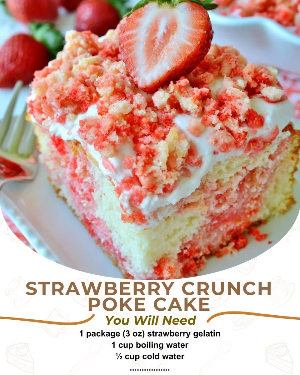Delicious Strawberry Crunch Poke Cake with whipped cream and strawberries