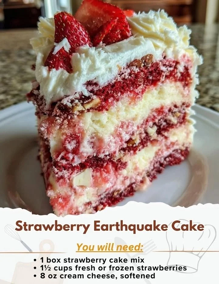 Slice of Strawberry Earthquake Cake on a plate with fresh strawberries