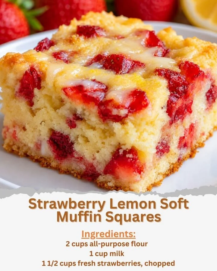Freshly baked Strawberry Lemon Muffin Squares on a plate