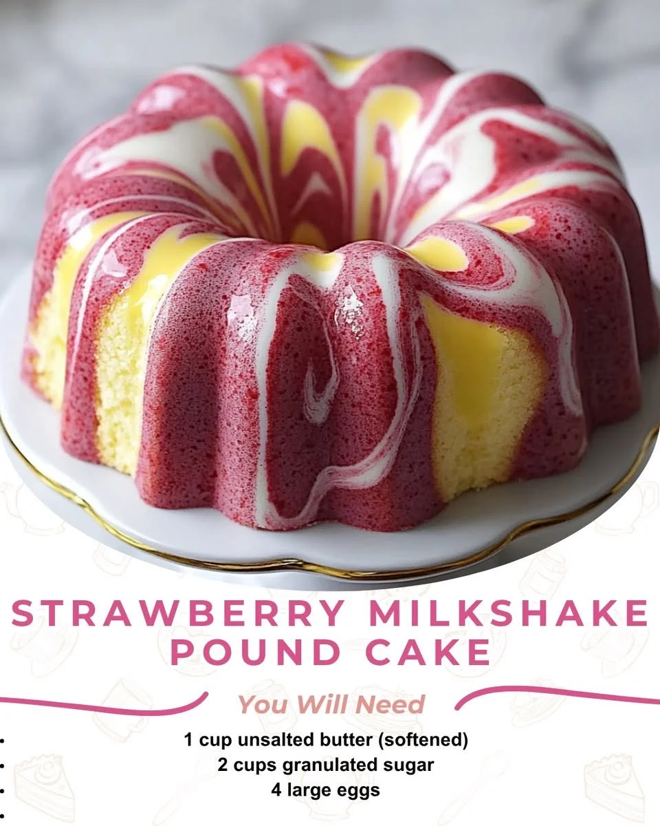 Slice of Strawberry Milkshake Pound Cake with fresh strawberries on top