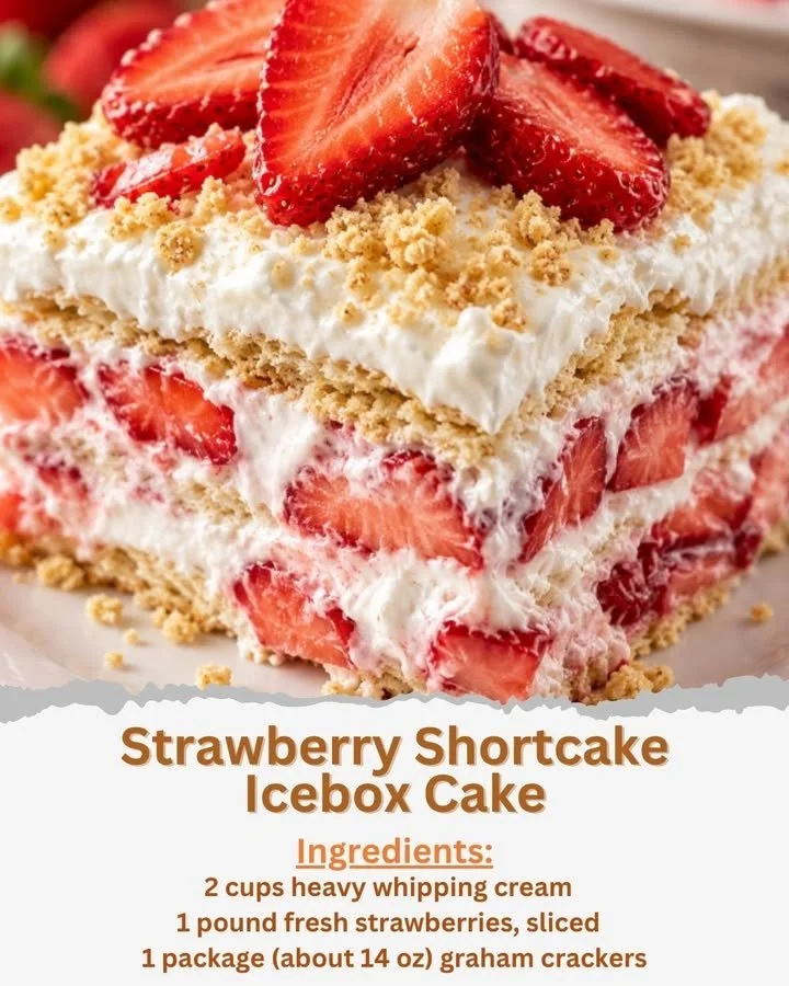 Layered Strawberry Shortcake Icebox Cake with fresh strawberries and whipped cream