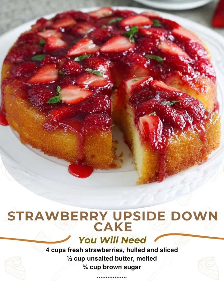 A delicious strawberry upside down cake served on a white plate with fresh strawberries.