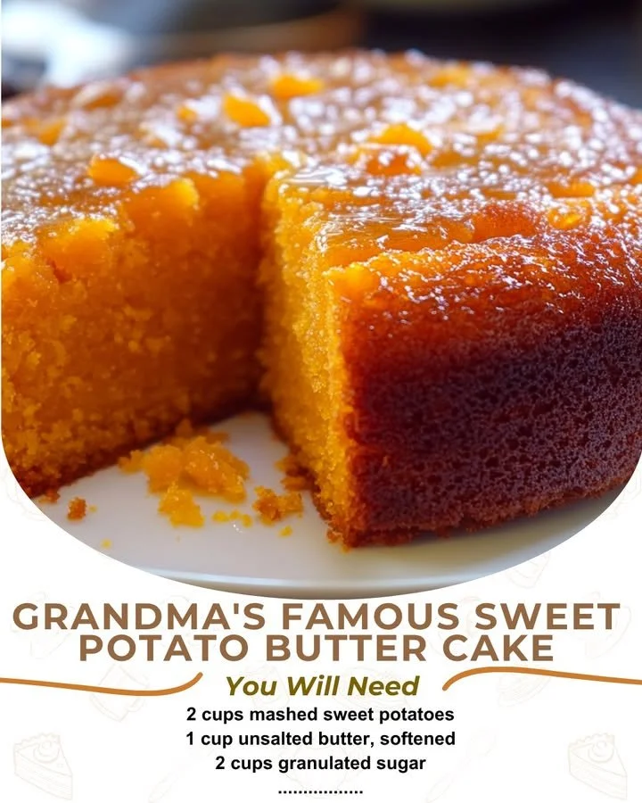 A slice of Grandma's famous Sweet Potato Butter Cake topped with cream.