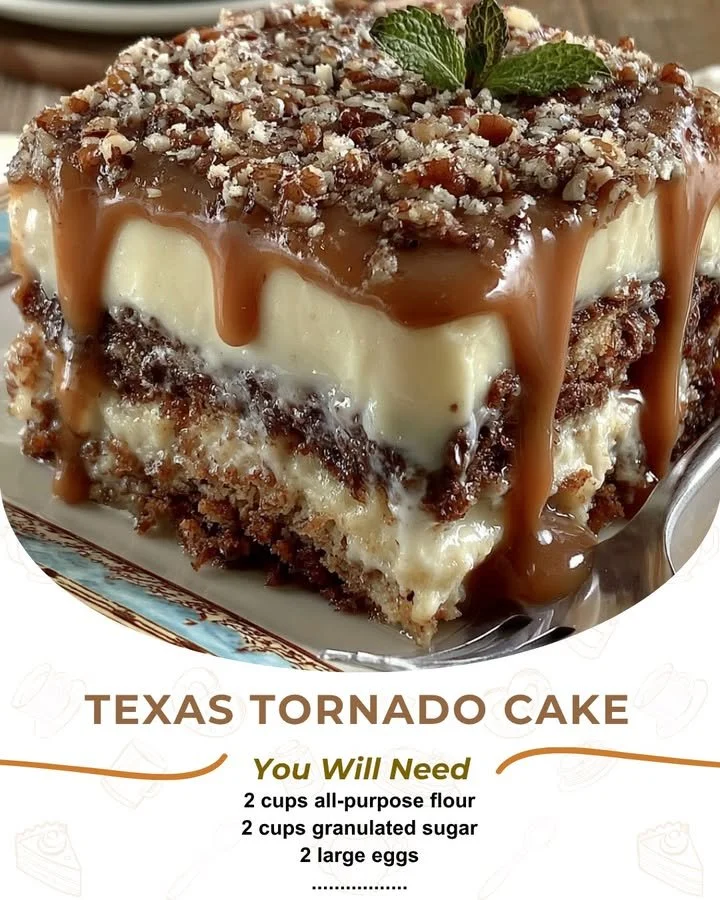 Slice of Texas Tornado Cake showcasing rich layers and toppings