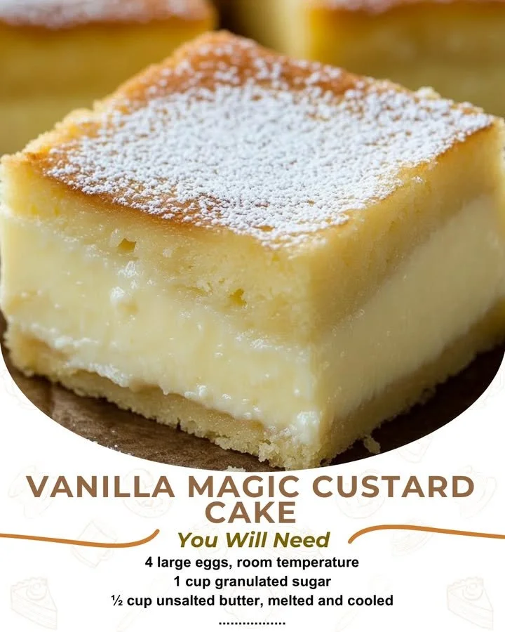Slice of Vanilla Magic Custard Cake with creamy layers and a golden top