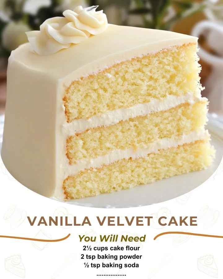 Delicious Vanilla Velvet Cake beautifully decorated for a special occasion