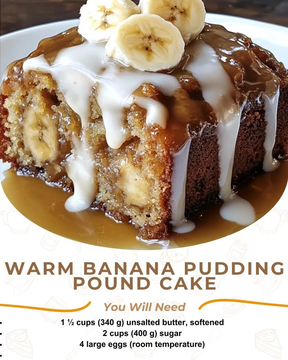 Warm banana pudding cake with layers of creamy pudding and banana slices