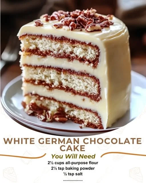 White German Chocolate Cake topped with coconut and pecan frosting