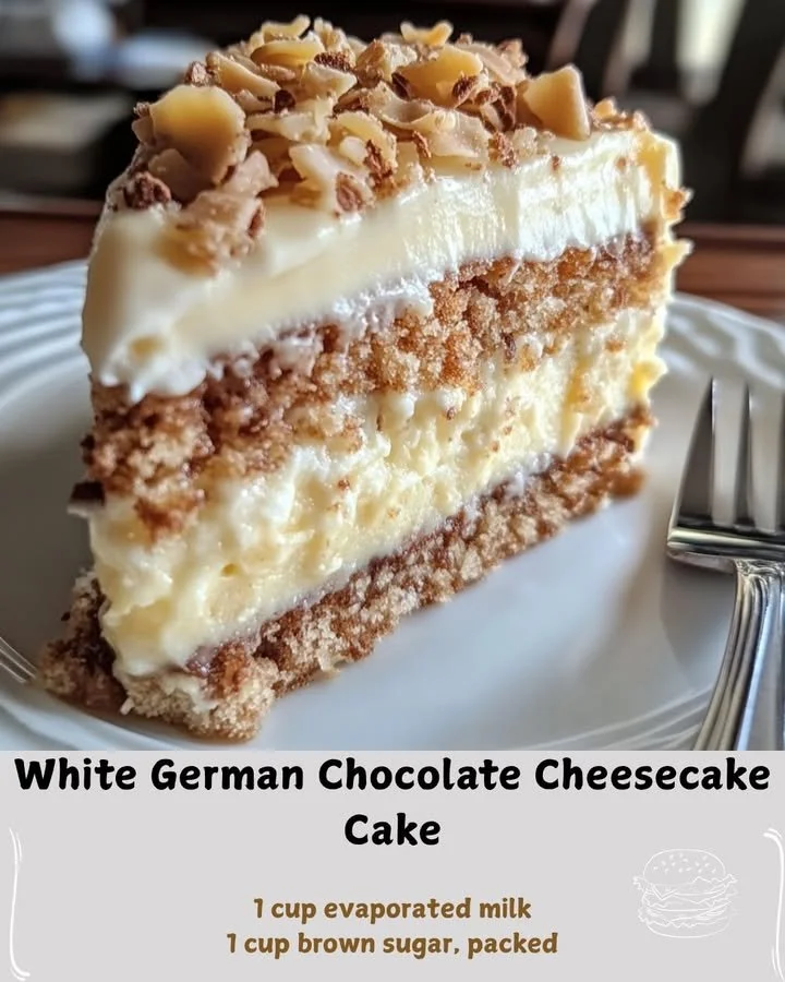 White German Chocolate Cheesecake Cake topped with coconut and pecan frosting
