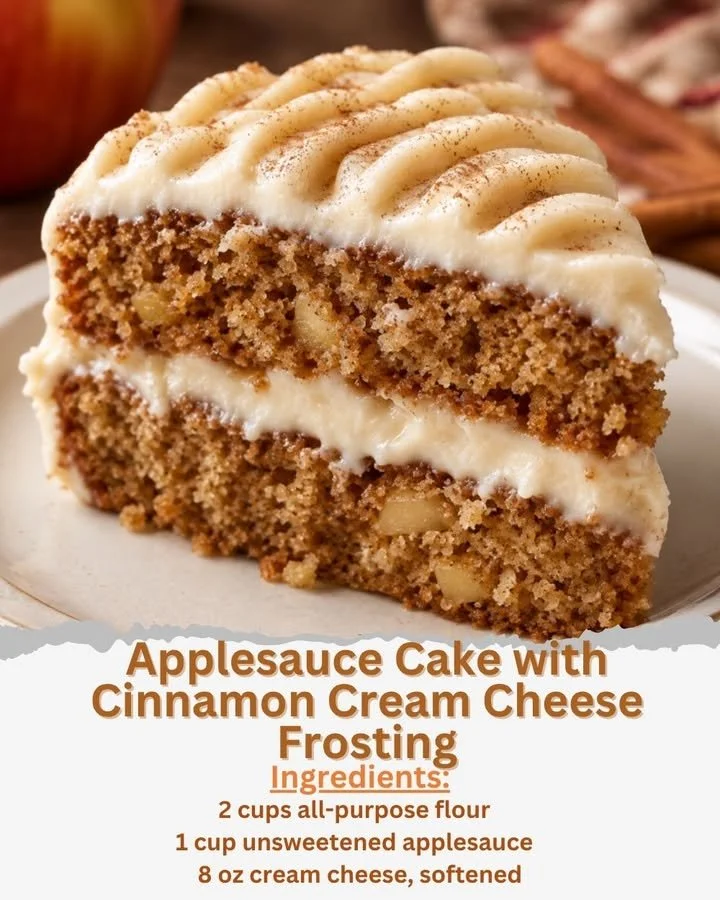 Applesauce cake with cinnamon cream cheese frosting served on a plate