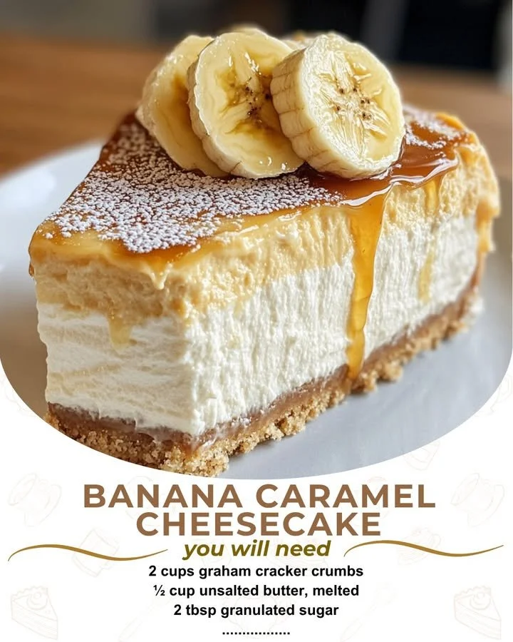Delicious Banana Caramel Cheesecake topped with caramel and banana slices