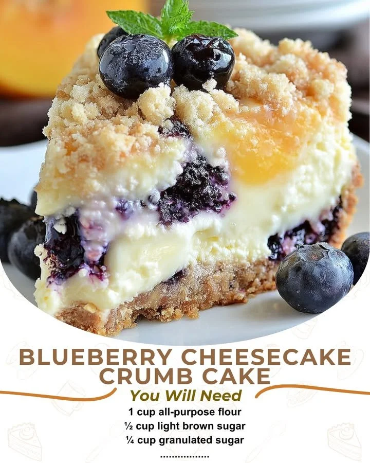 Delicious blueberry cheesecake crumb cake topped with fresh blueberries and crumbs.