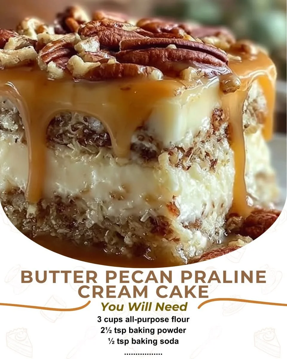 Delicious Butter Pecan Praline Cream Cake topped with pecans and creamy frosting