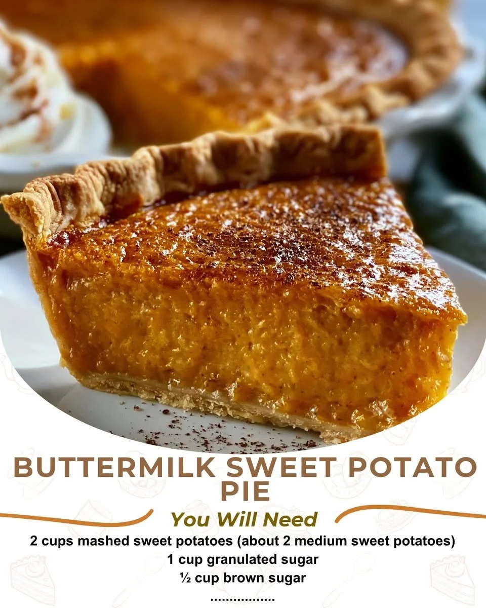 Delicious buttermilk sweet potato pie topped with whipped cream