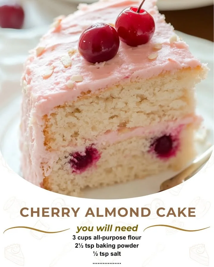 Slice of Cherry Almond Cake with cherries and almonds on top