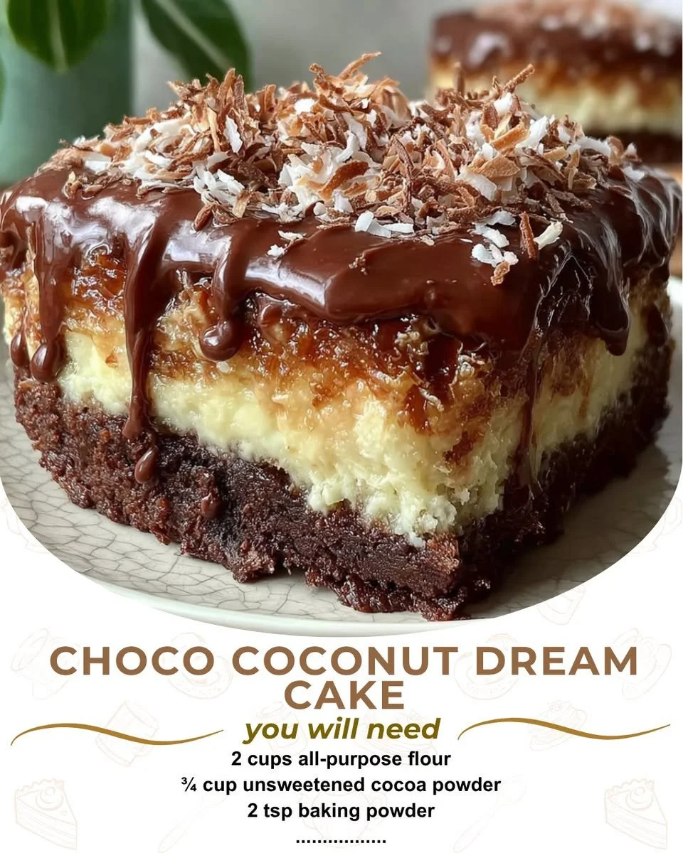 Delicious slice of Chocolate Coconut Dream Cake topped with coconut flakes.