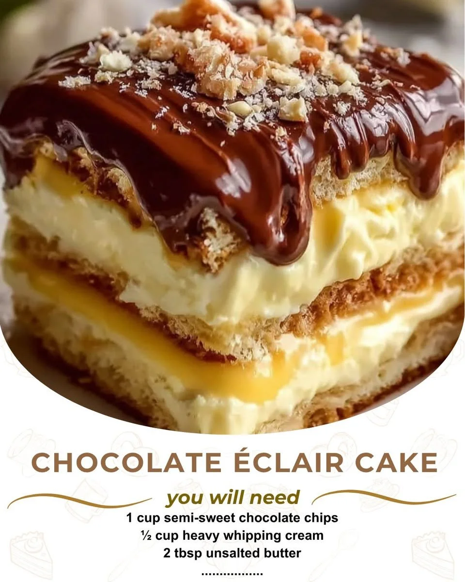 Homemade Chocolate Éclair Cake served on a dessert plate