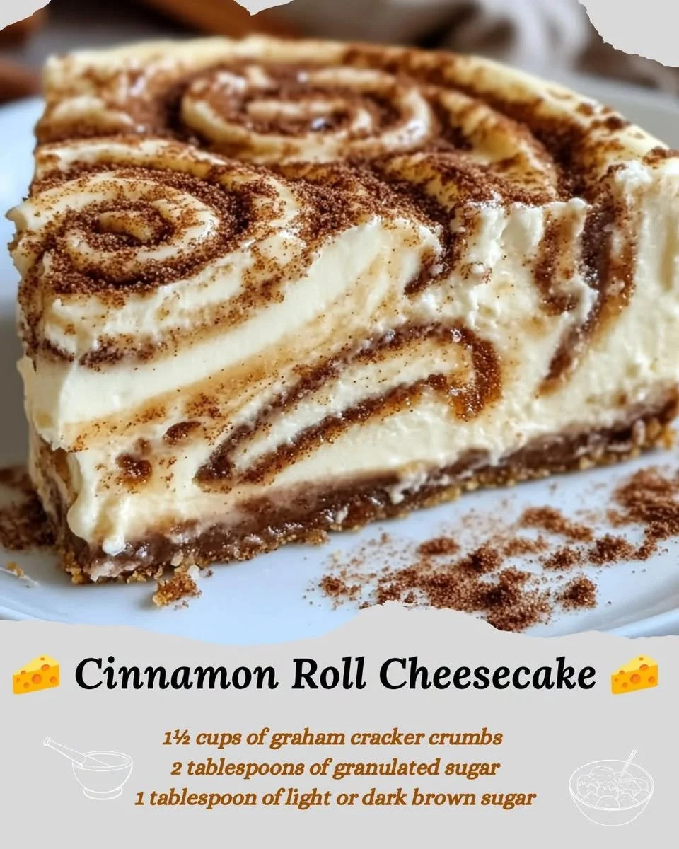 Slice of Cinnamon Roll Cheesecake topped with cinnamon swirls