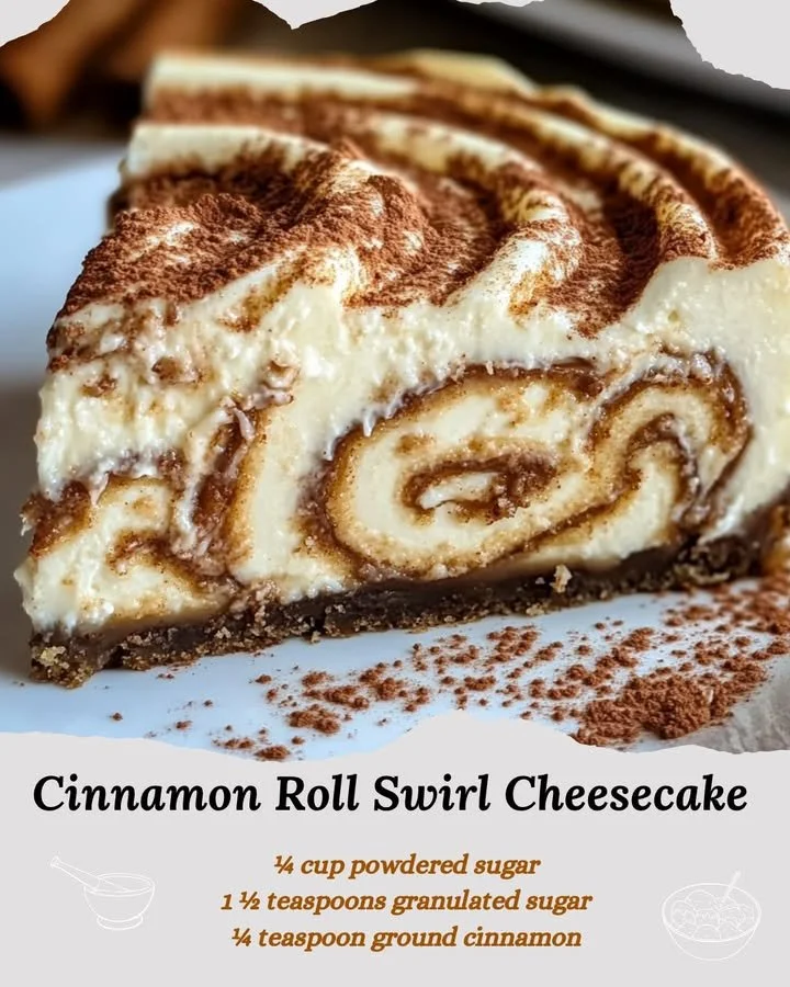 Slice of cinnamon roll cheesecake with cinnamon swirl on top