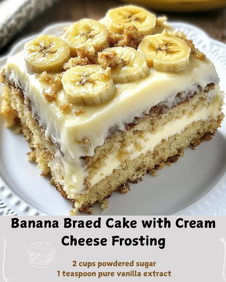 Slice of cream cheese frosted banana bread cake on a plate
