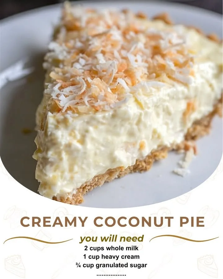 Slice of creamy coconut pie with coconut flakes on top
