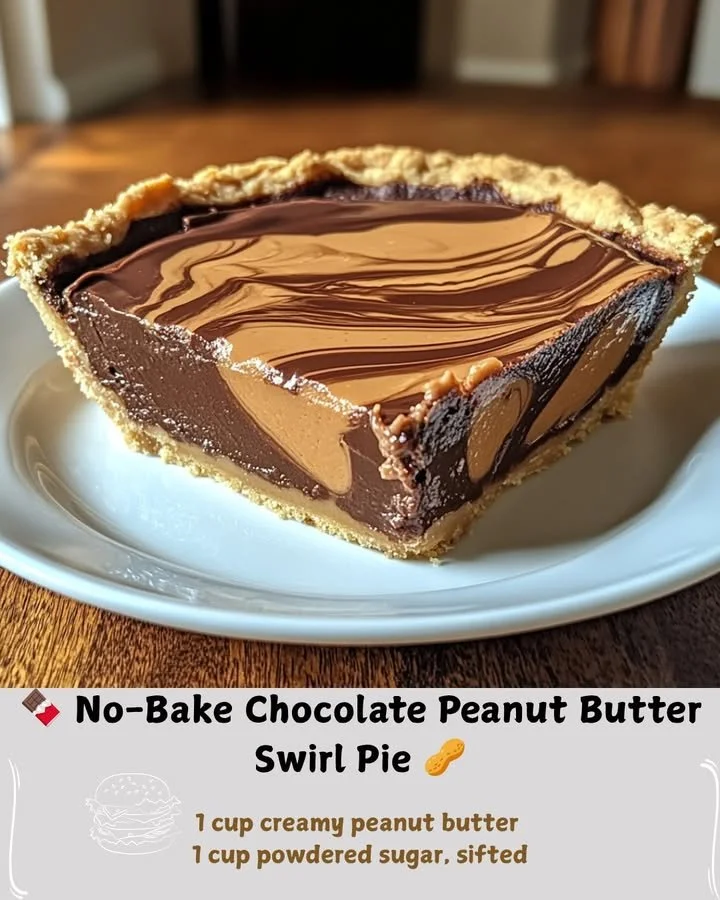 Creamy no-bake pie with chocolate and peanut butter swirl topped with chocolate drizzle