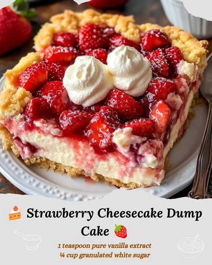 Delicious easy strawberry cheesecake dump cake on a dessert plate.