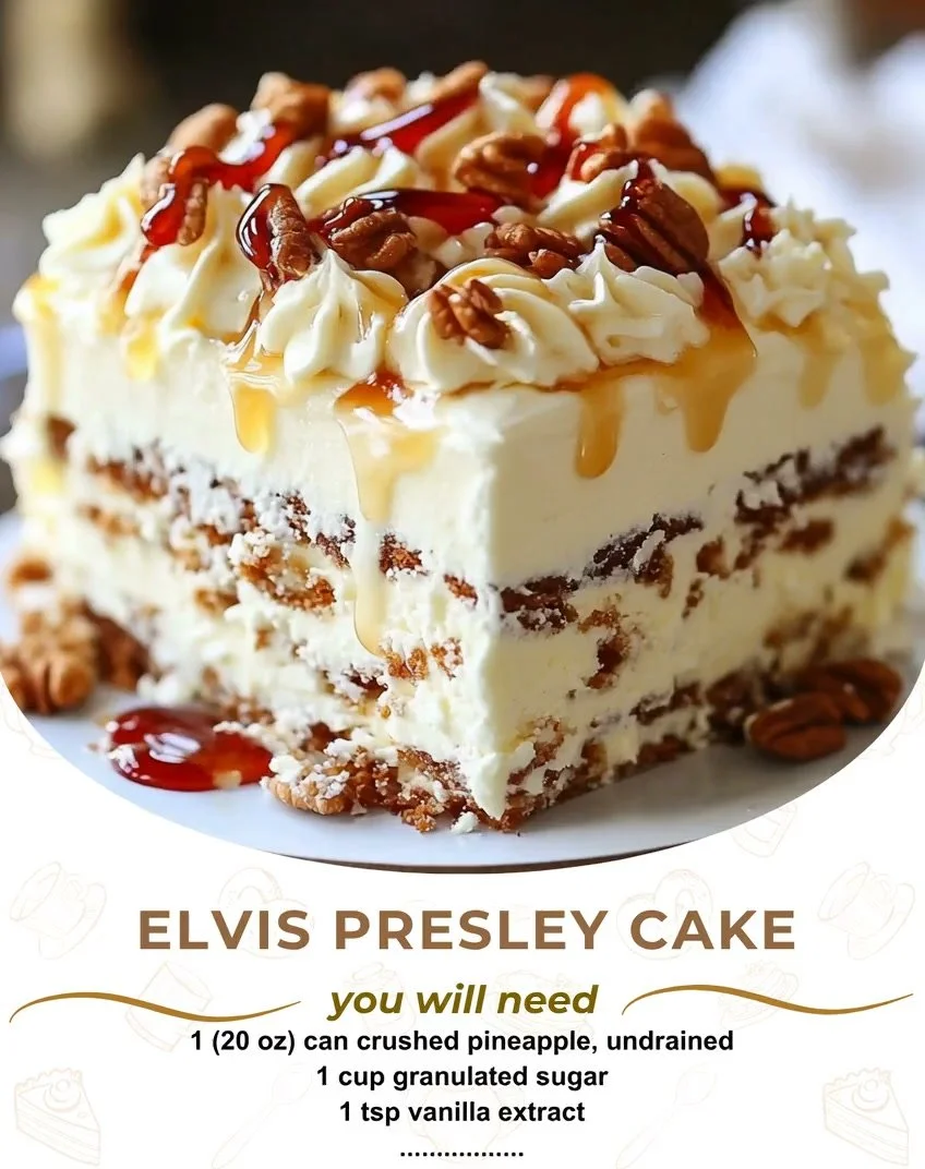 Delicious Elvis Presley Cake with layers of pineapple, cream cheese, and nuts.