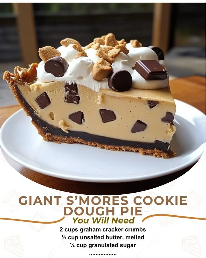 Giant S'mores Cookie Dough Pie garnished with chocolate and marshmallows