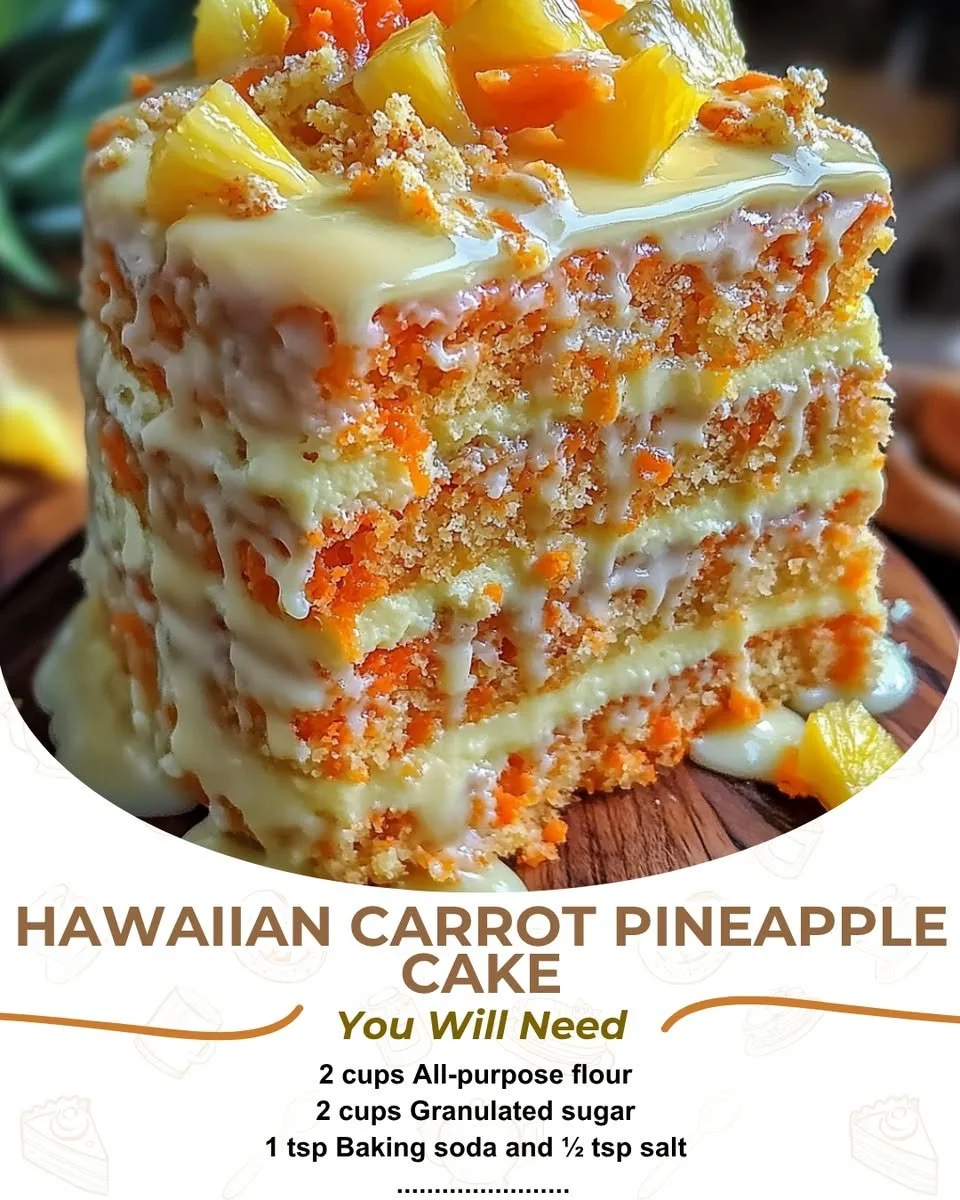 Hawaiian pineapple carrot cake topped with cream cheese frosting and garnished with pineapple slices