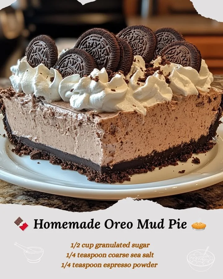 Delicious homemade Oreo Mud Pie topped with whipped cream and Oreo crumbs