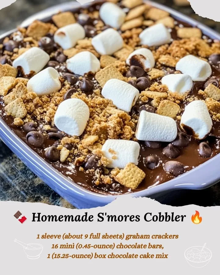 Delicious homemade S'mores Cobbler with chocolate and marshmallows