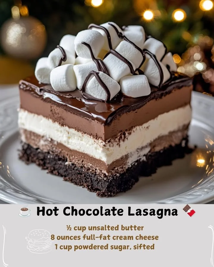 Decadent hot chocolate lasagna served on a plate with chocolate drizzle.