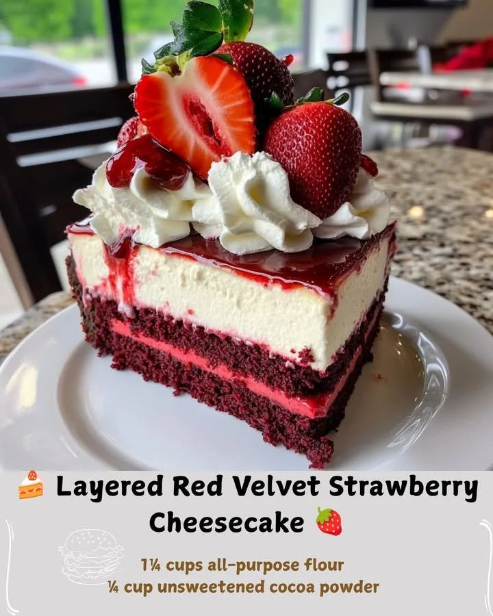 Layered red velvet strawberry cheesecake with strawberries on top