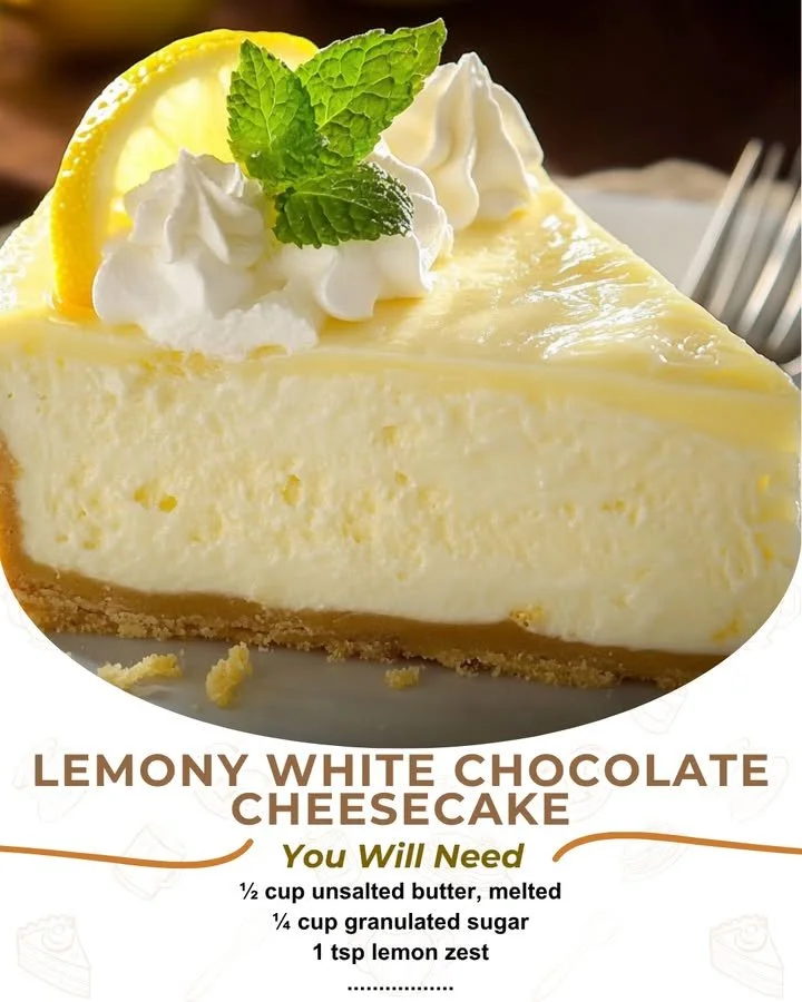 A slice of Lemon White Chocolate Cheesecake topped with lemon zest and chocolate shavings