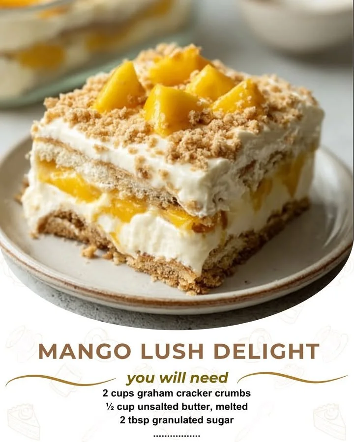 Delicious Mango Lush Delight dessert showcasing creamy layers and fresh mango slices